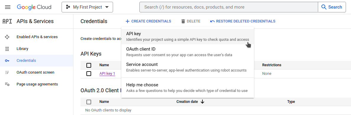 Create API key for YouTube service