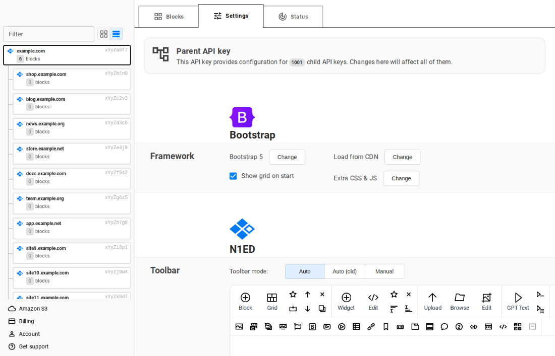 Dashboard with the list of API keys of many websites