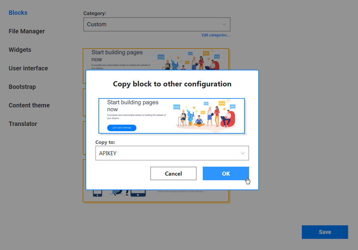 Export Bootstrap block to oter API key dialog