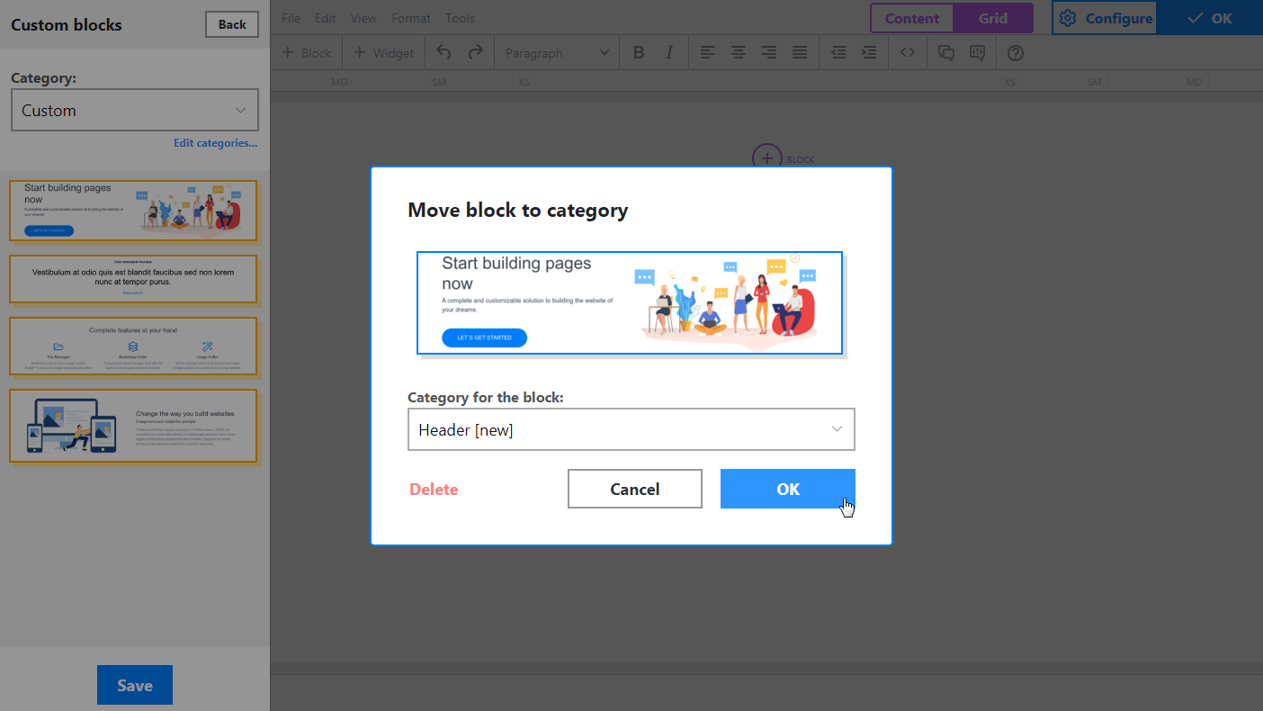 Move Bootstrap block to category