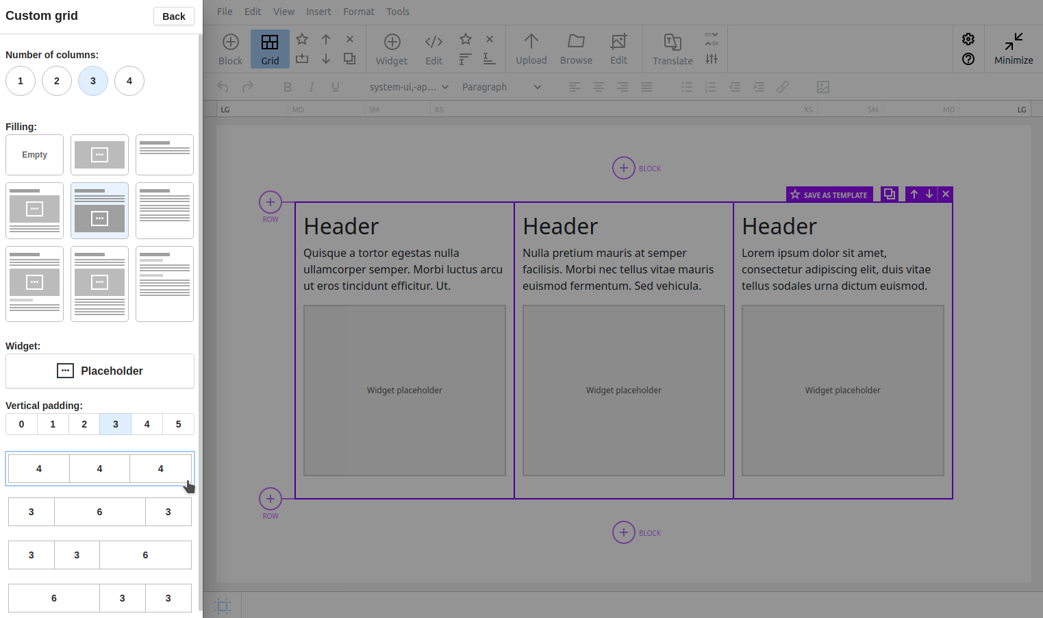 Layout built with predefined templates