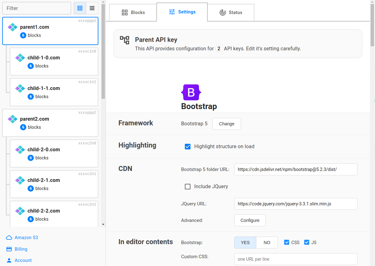 Dashboard with parent and children API keys