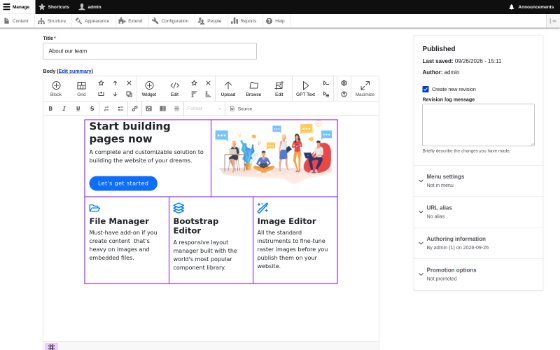 A Drupal Basic page edited in CKEditor 4 with N1ED: Bootstrap blocks with the grid outlined