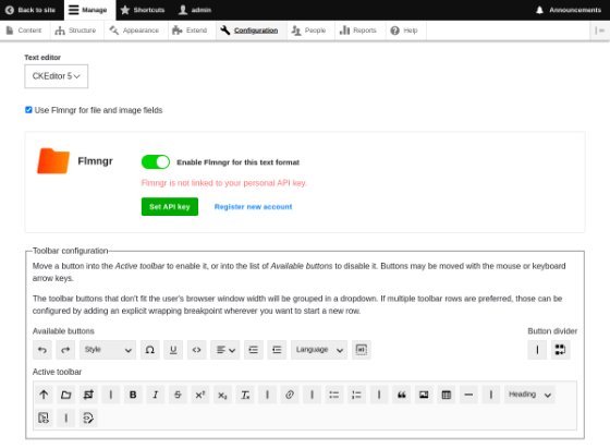 CKEditor 5 toolbar configuration in Drupal with the Upload, Insert and Edit image buttons of the N1ED module