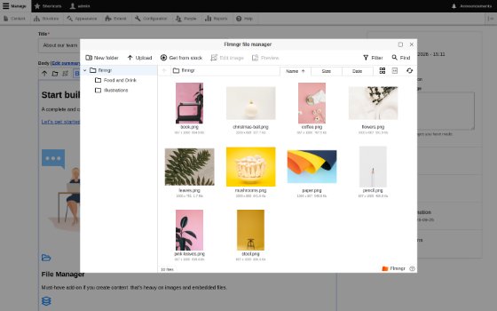 The Flmngr file manager opened from the CKEditor 5 toolbar of a Drupal node form