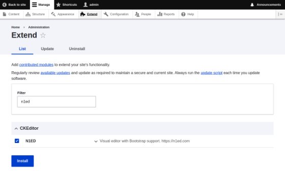 Enabling the N1ED module on the Extend page of Drupal