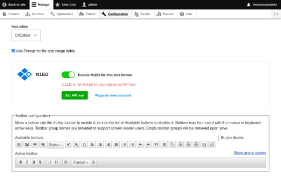The Full HTML text format in Drupal on CKEditor 4, with the N1ED panel under the editor select