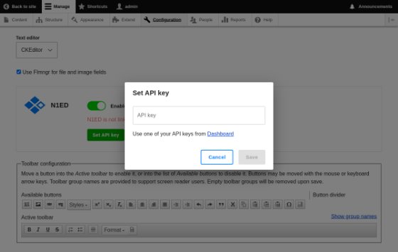 The Set API key dialog of the N1ED module in the Drupal admin panel