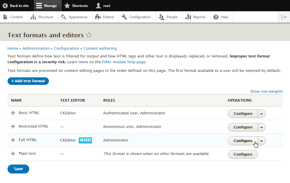 Configure N1ED in Drupal 8