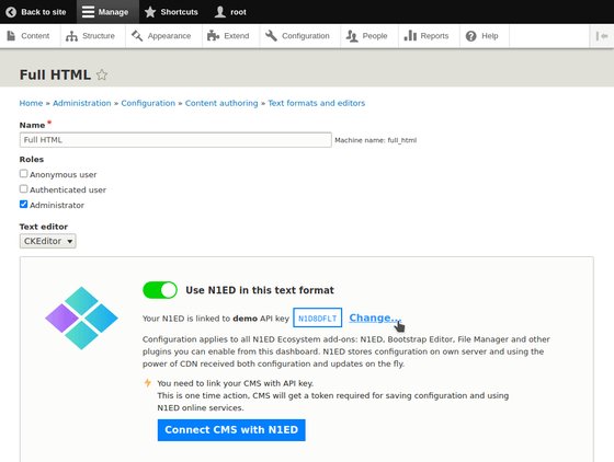 The N1ED panel in the Full HTML text format settings of Drupal 8, with the API key and the Change link
