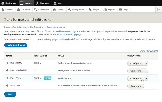Drupal 8 text formats with N1ED attached to the Full HTML format