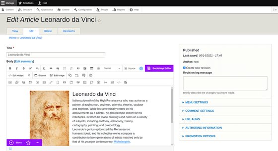 An article edited with N1ED in Drupal 8: the N1ED toolbar over CKEditor 4