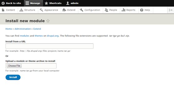 Installing the N1ED module from a file in the Extend section of Drupal 8
