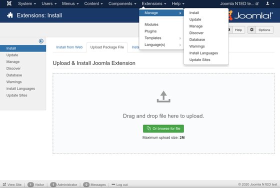 Uploading the N1ED package in the Joomla 3 extension installer