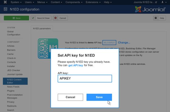 Setting the N1ED API key in the N1ED Content Editor options of Joomla 3