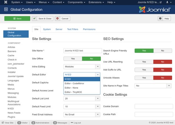 Choosing N1ED as the Default Editor in the Joomla 3 Global Configuration