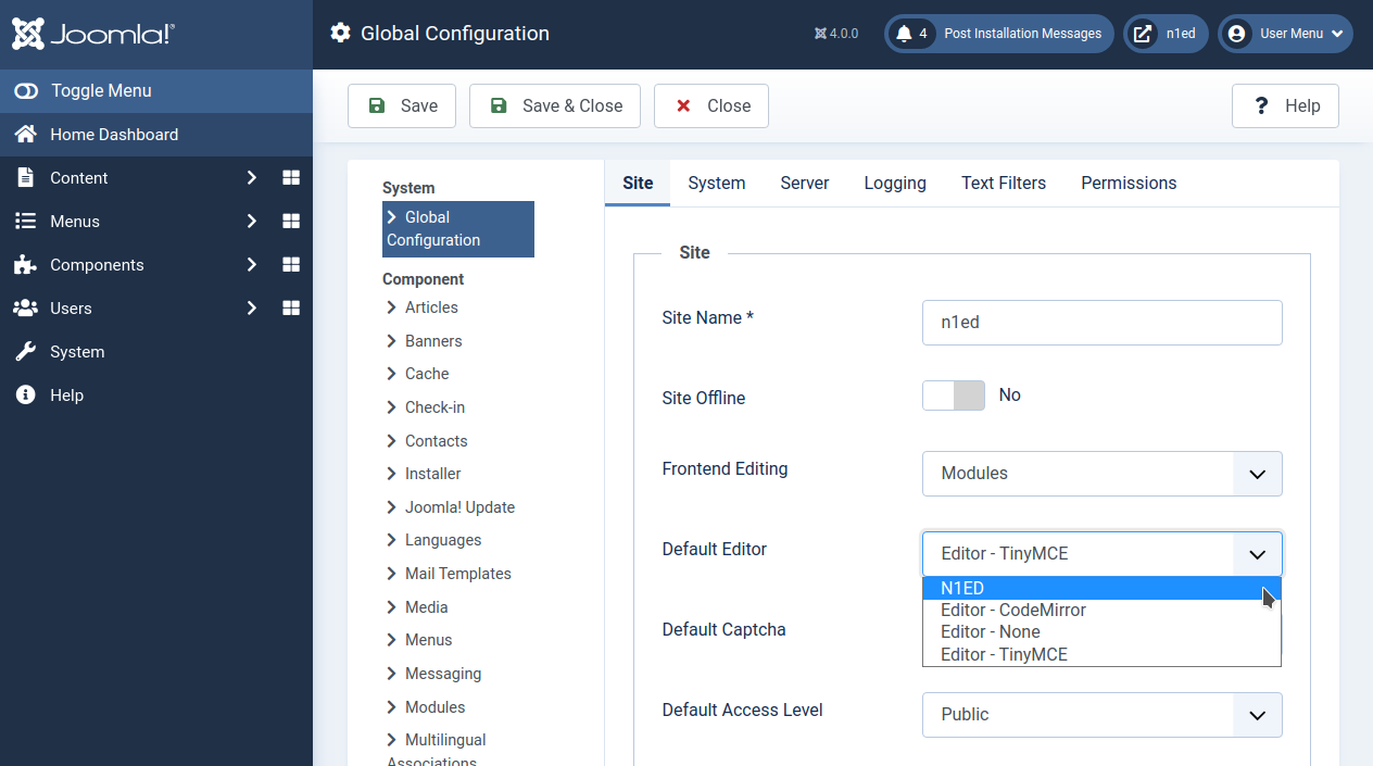 Default editor in Joomla