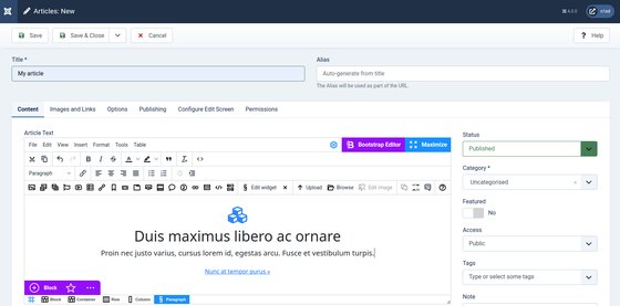 A new Joomla article edited with N1ED: the N1ED toolbar and a Bootstrap block