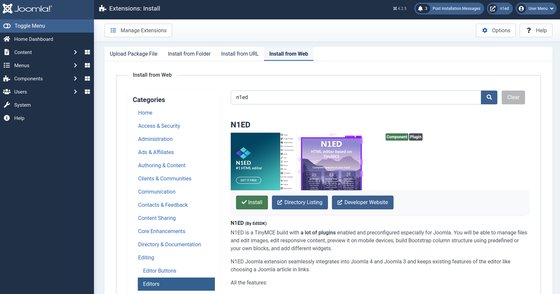 Installing the N1ED extension from the Install from Web tab of the Joomla extension installer