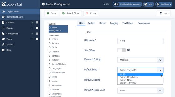 Choosing N1ED as the Default Editor in the Joomla Global Configuration