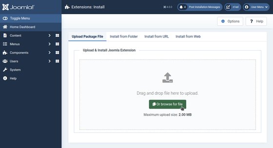 Uploading the N1ED extension package in the Joomla extension installer