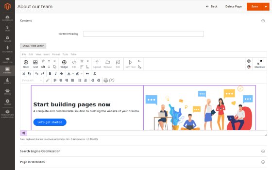 A Magento CMS page edited with N1ED: the N1ED toolbar and a Bootstrap block with its grid outlined