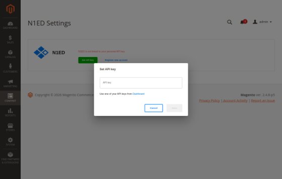 The Set API key dialog on the N1ED settings page of the Magento admin panel
