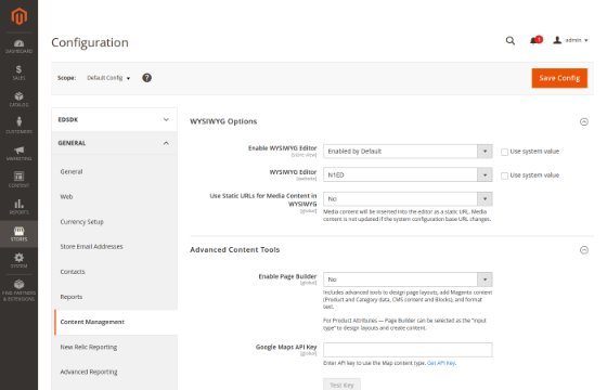 Magento Content Management configuration with N1ED as the WYSIWYG editor and Page Builder switched off