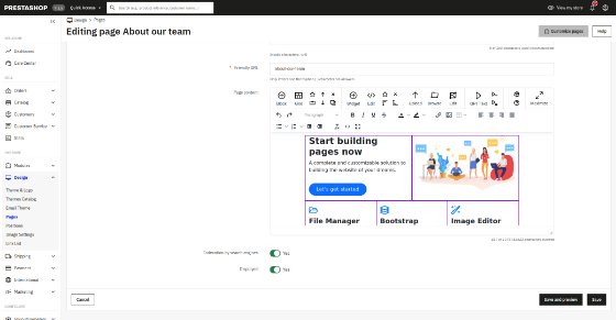 A PrestaShop CMS page edited with N1ED: the N1ED toolbar and Bootstrap blocks with their grid outlined
