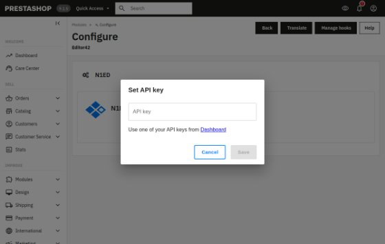 The Set API key dialog on the Configure page of Editor42 in the PrestaShop back office