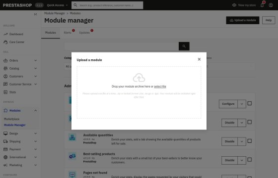 The Upload a module dialog of the PrestaShop Module Manager, where the Editor42 zip is dropped