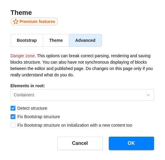 Bootstrap Editor options screenshot