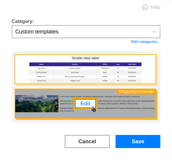 Edit custom templates library screenshot