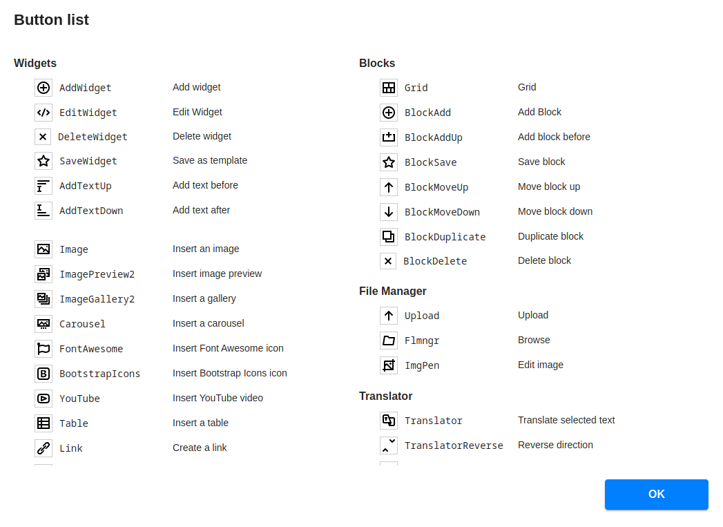 Buttons list