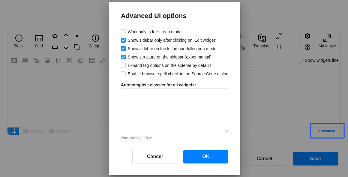 Advanced options screenshot