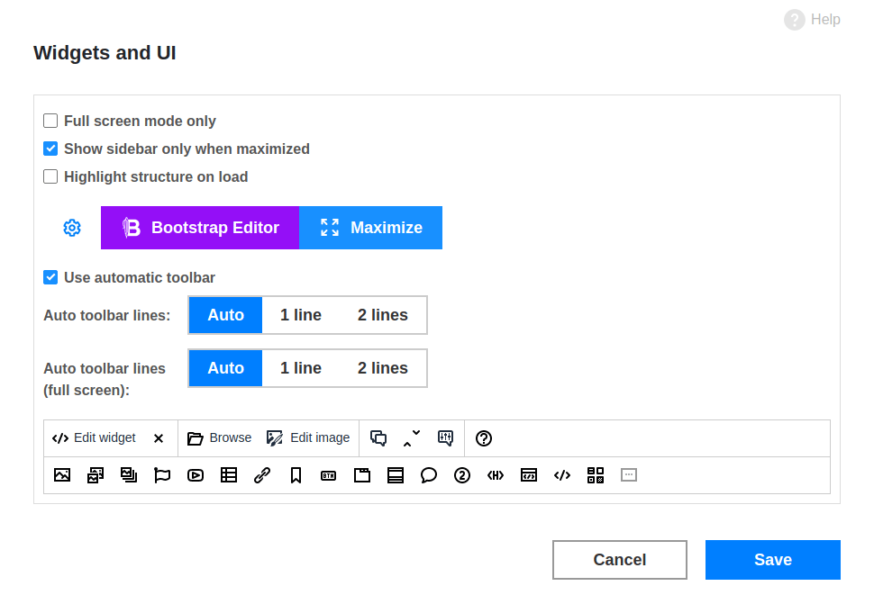 Configuring widgets an UI screenshot
