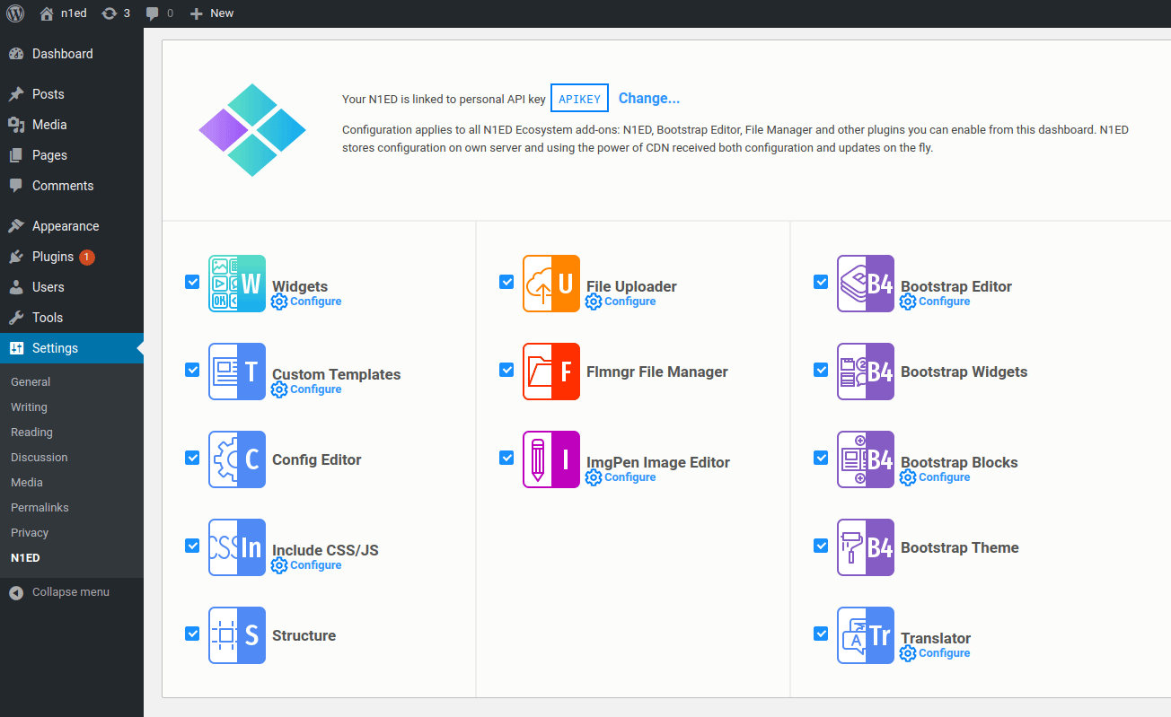 N1ED settings in WordPress screenshot