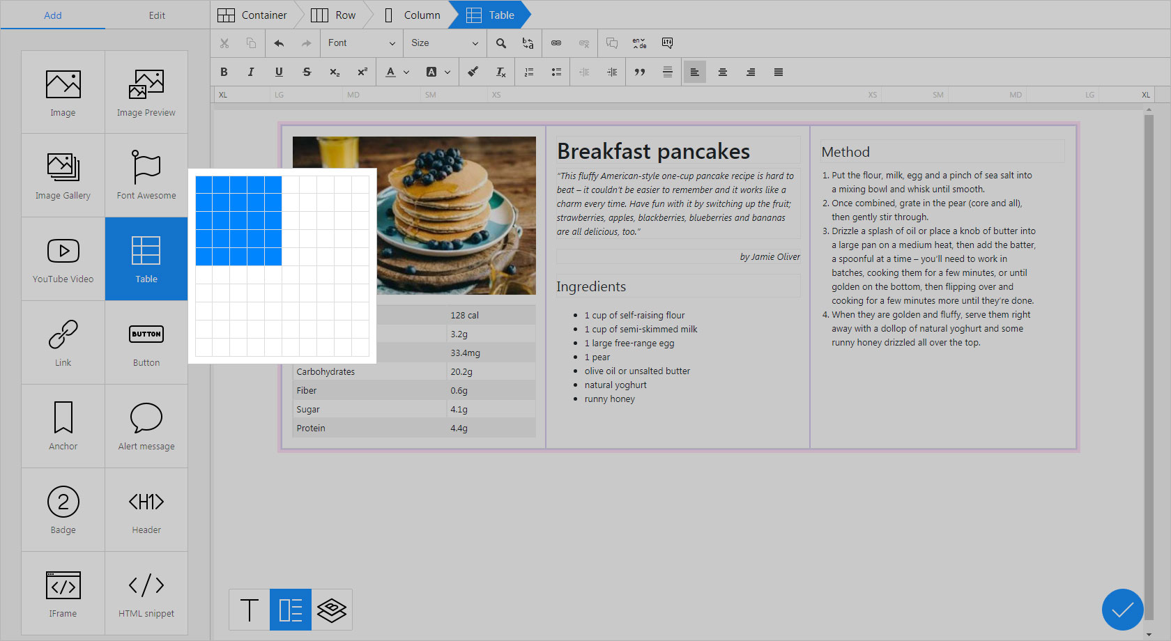 Add Table screenshot