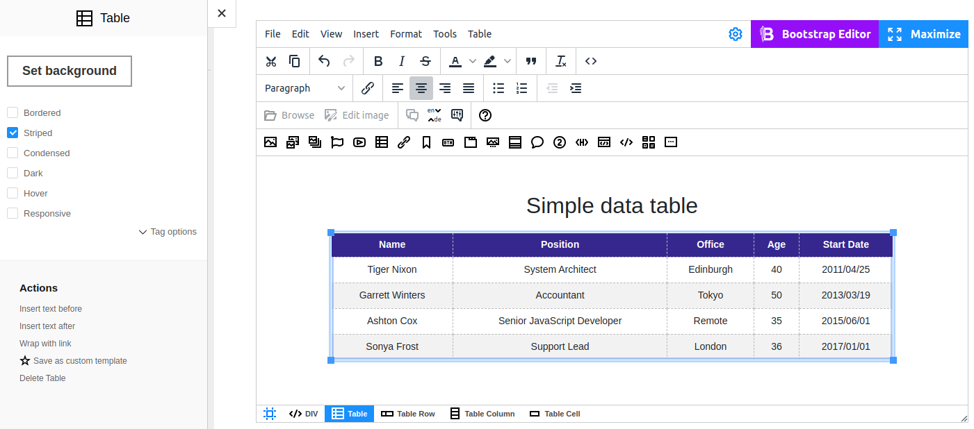 Set bootstrap style for table screenshot