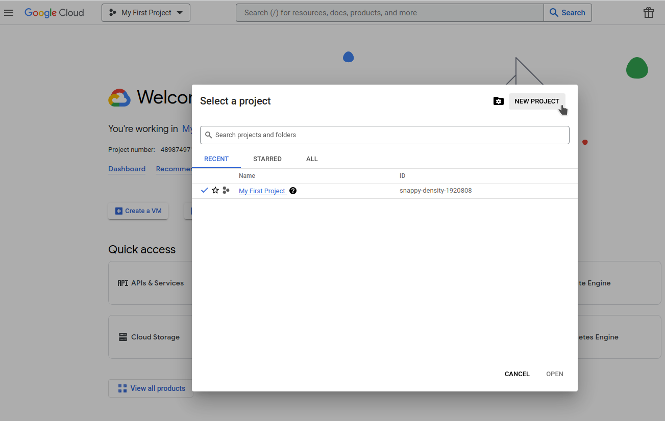 Create project in Google console